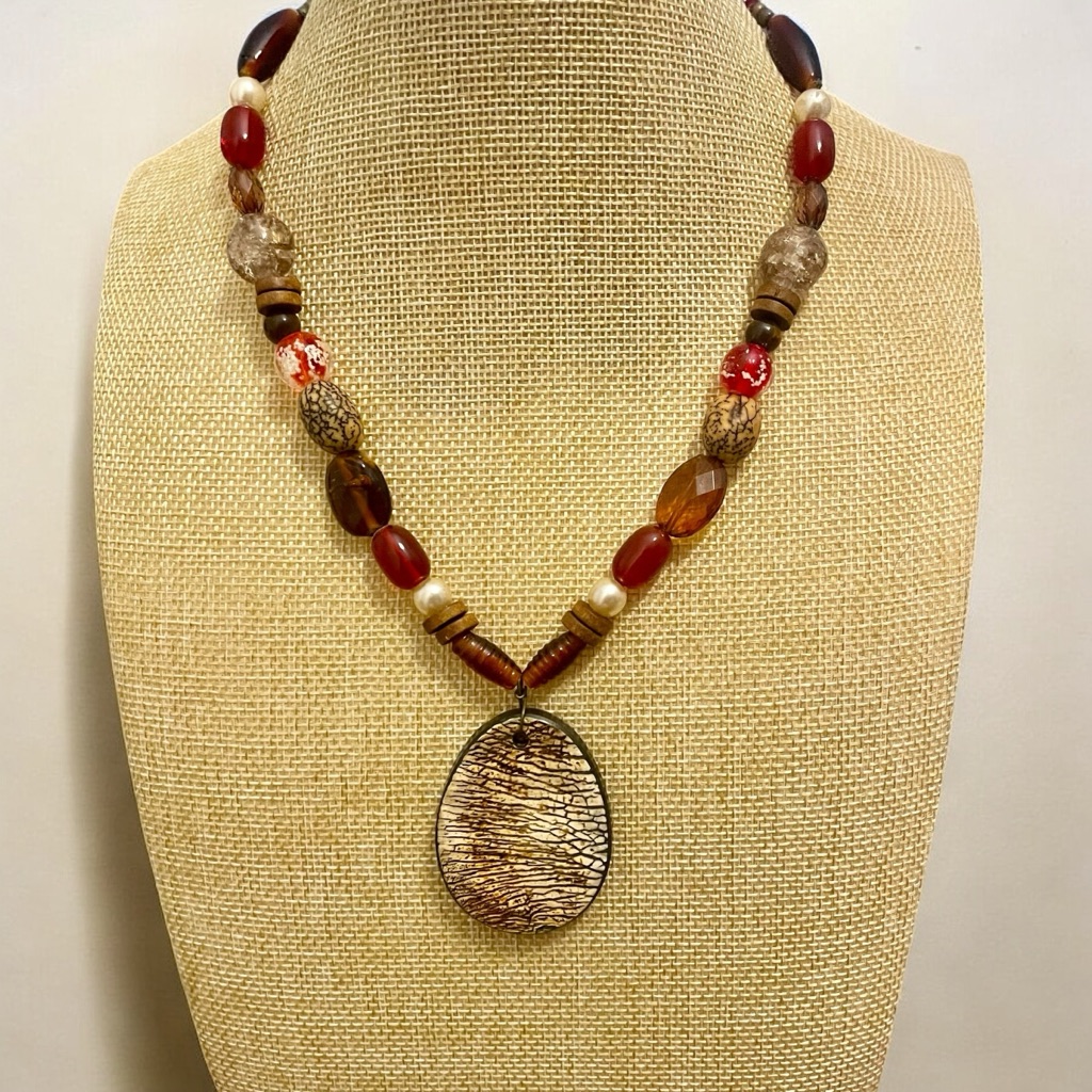 Vintage Murano Glass Necklace Red Brown Wooden Pendant 40$